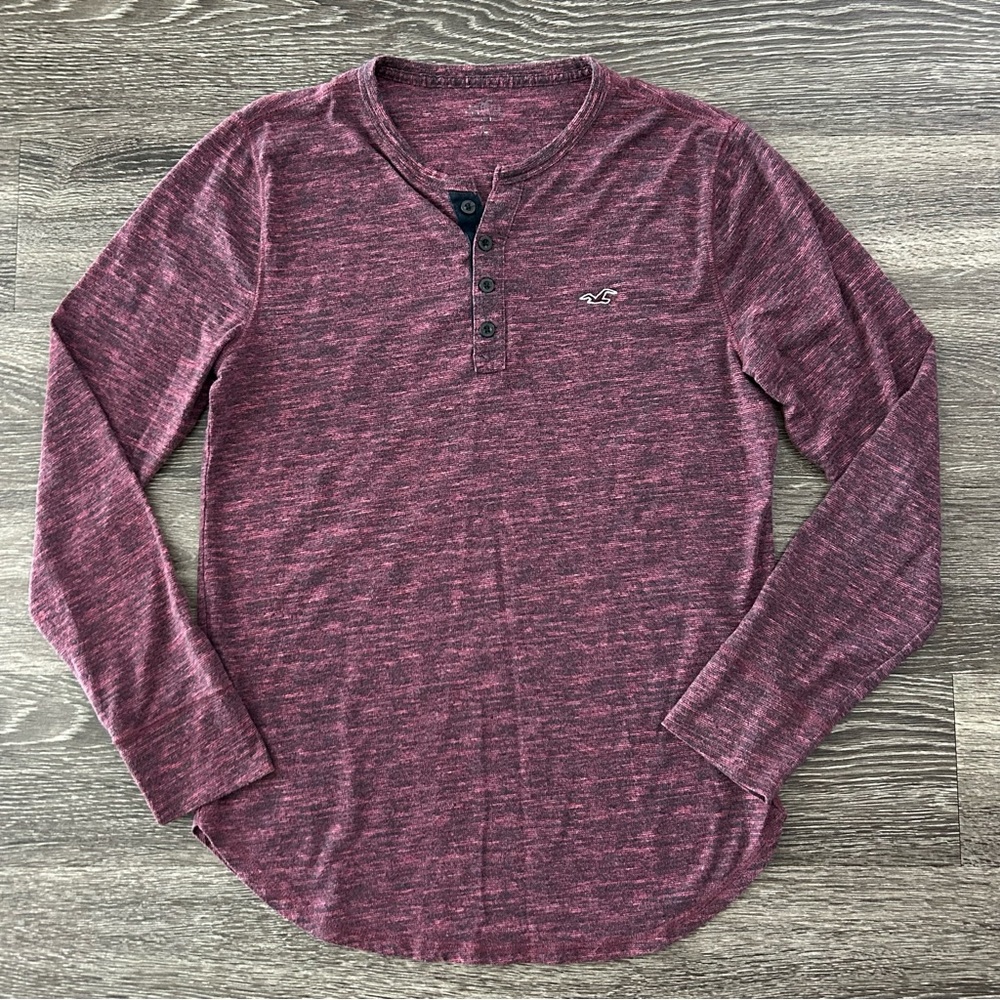 Hollister Henley T-Shirt Mens M Maroon Black Heathered Long Sleeve Tee Y2K 2000s